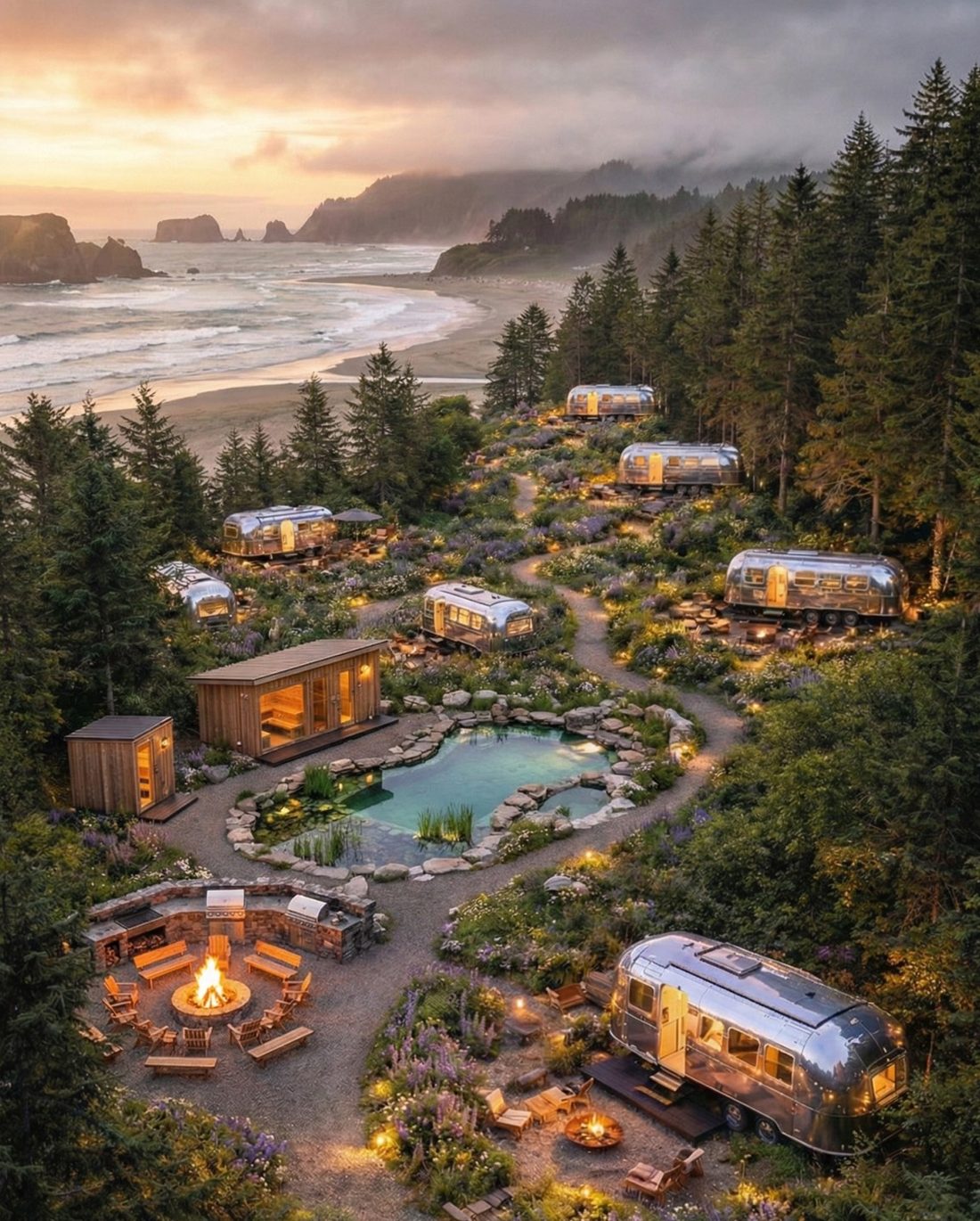 Concept rendering: aerial view of the resort at dusk — pond, sauna, fire-pit commons and Airstreams