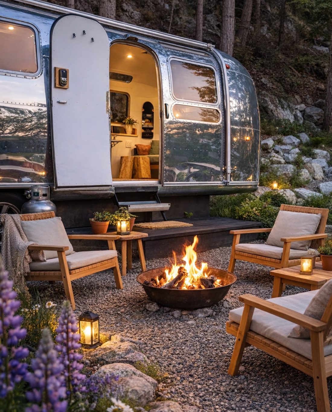 Concept rendering: an Airstream with its door open beside a fire bowl and two lounge chairs