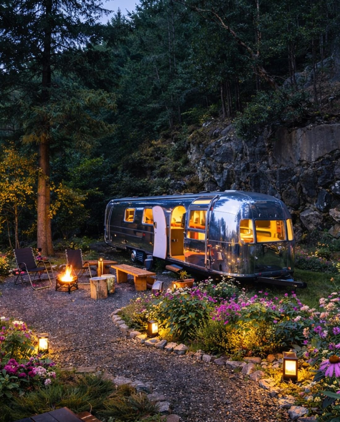 Concept rendering: an Airstream lit warmly at night beneath a rock face and tall trees